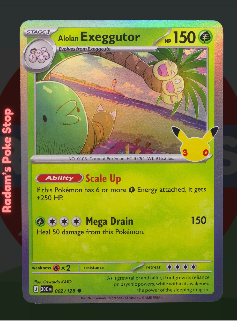 Alolan Exeggutor 002/128, 30th Celebrations, Holo Common presented by Pokémon TCG. 