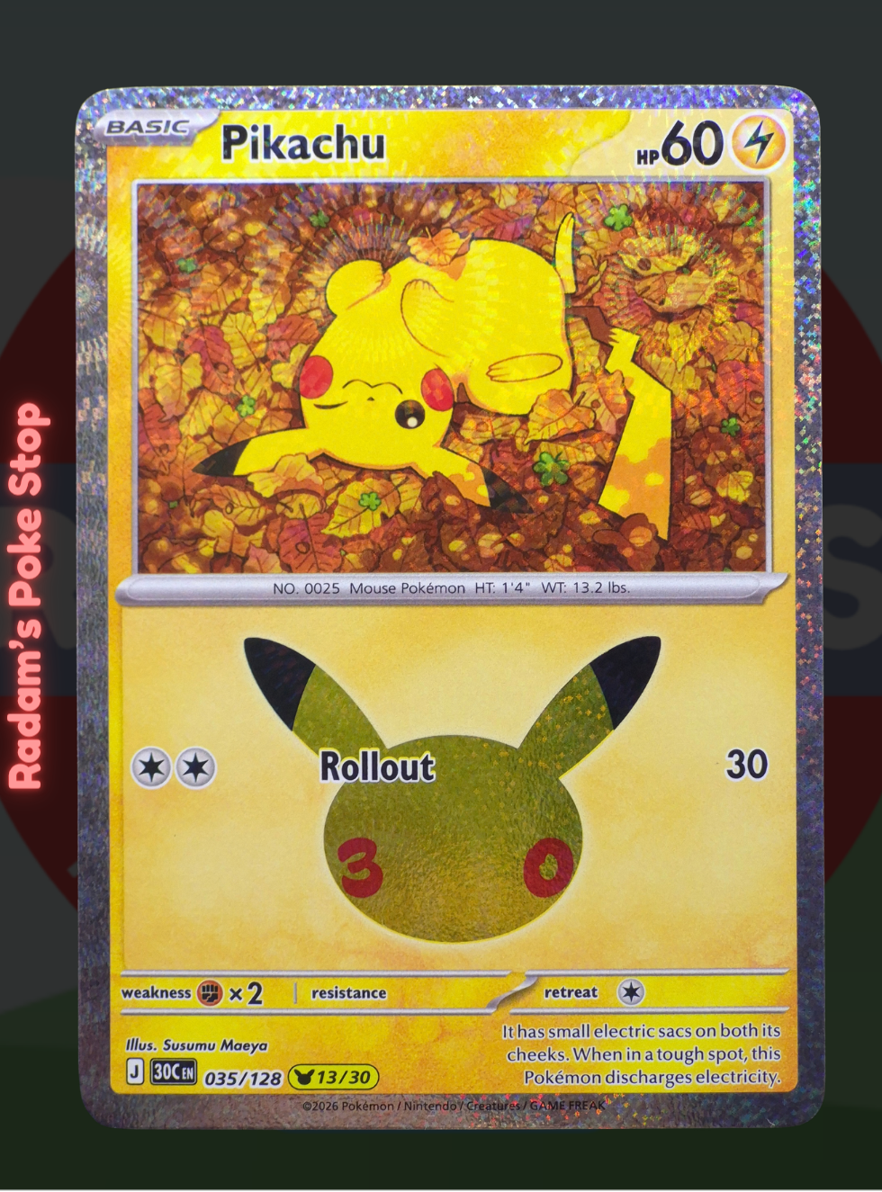 Pikachu 13/30 035/128, 30th Celebrations, Pikachu Rare Subset presented by Pokémon TCG. 