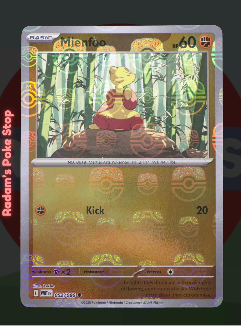 Mienfoo 052/086, White Flare, Master Ball Holo presented by Pokémon TCG. 