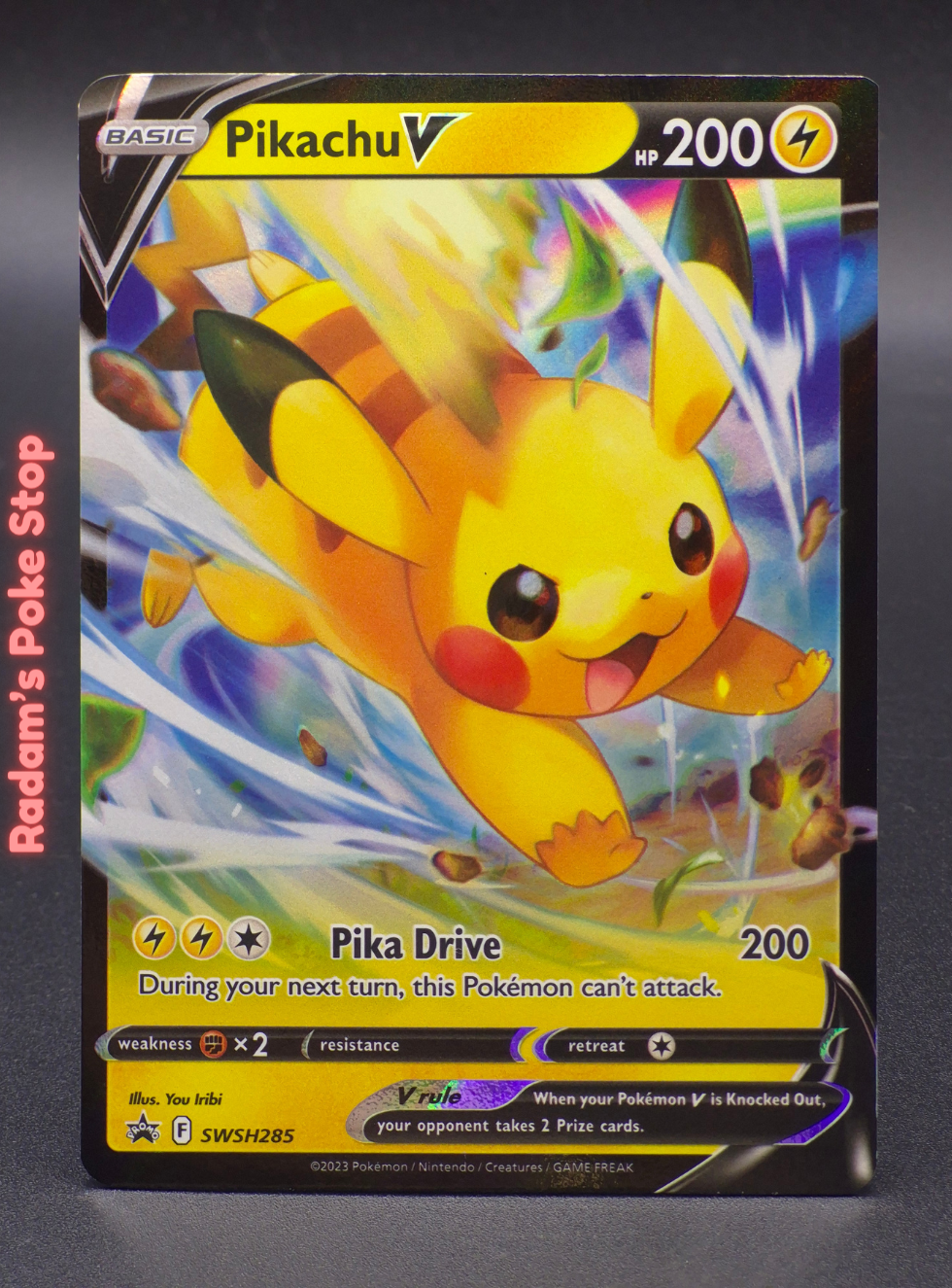 PIkachu V SWSH285 Crown Zenith Black Star Promo, presented by Pokémon TCG. 