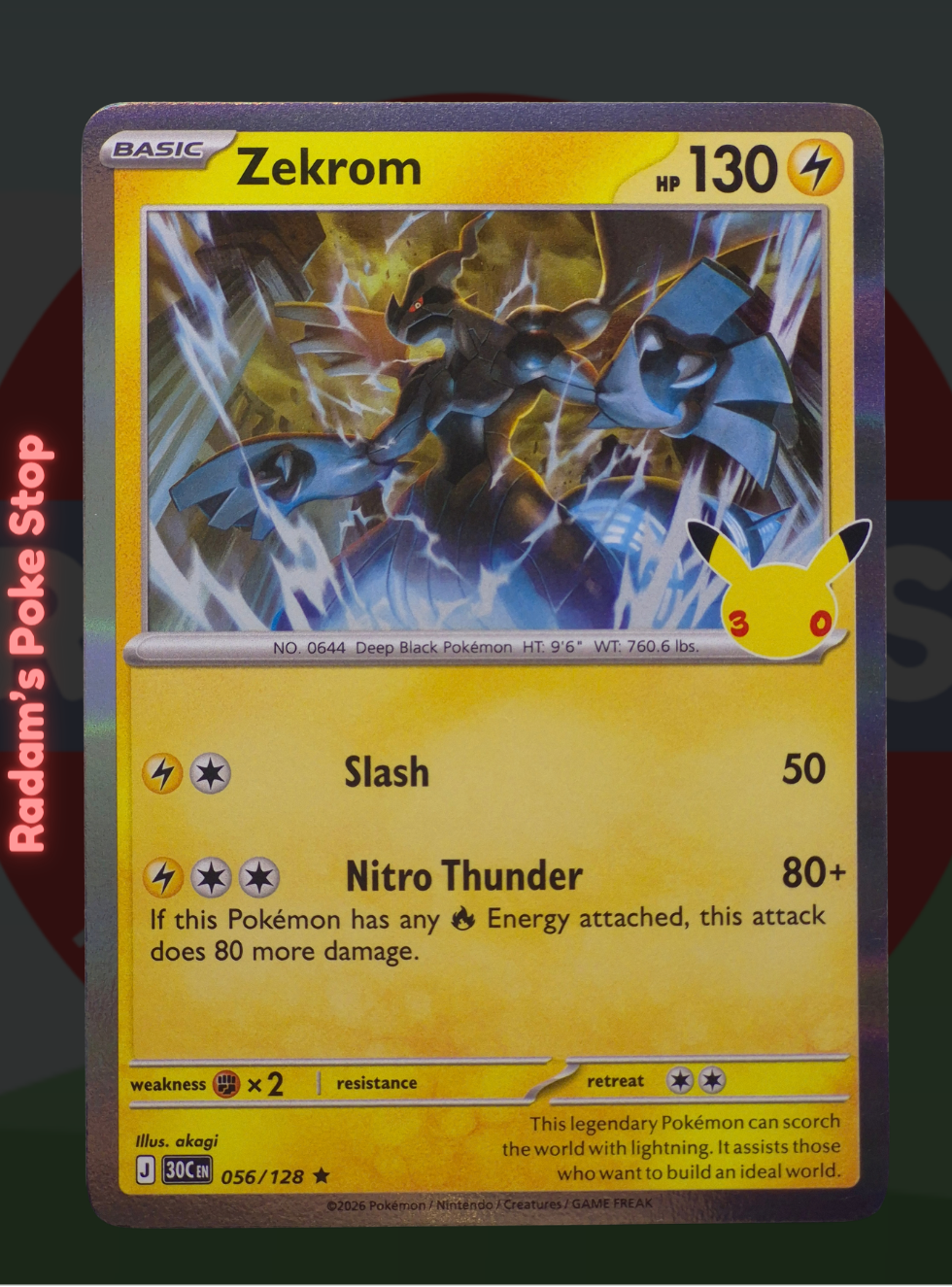 Zekrom 056/128, 30th Celebrations, Holo Rare presented by Pokémon TCG. 