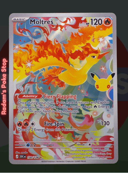 Moltres 130/128, 30th Celebrations, Illustration rare presented by Pokémon TCG. 