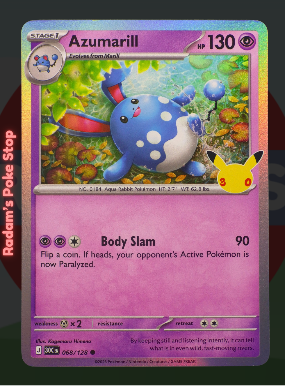 Azumarill 068/128, 30th Celebrations, Holo Common presented by Pokémon TCG. 