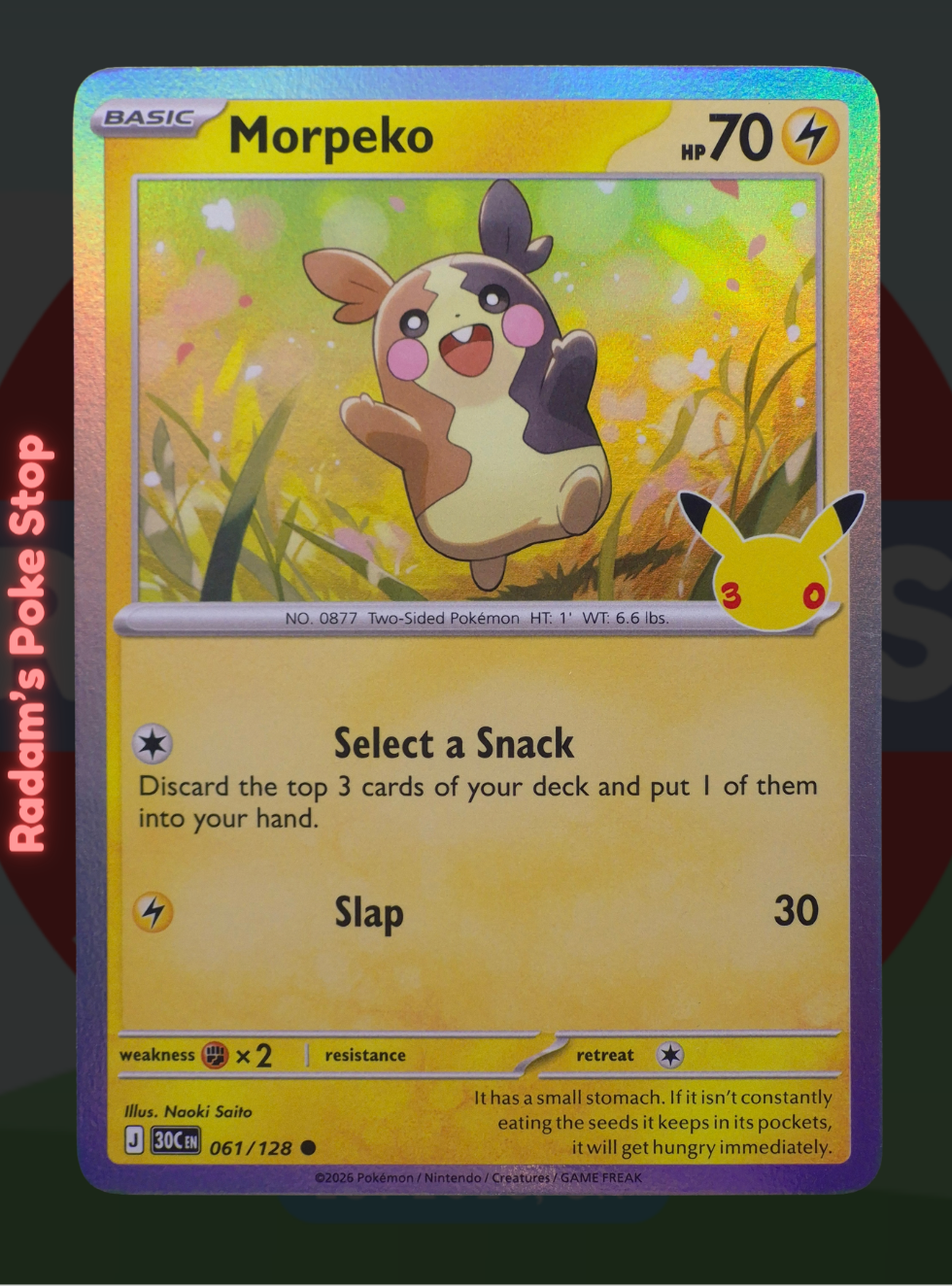 Morpeko 061/128, 30th Celebrations, Holo Common presented by Pokémon TCG. 