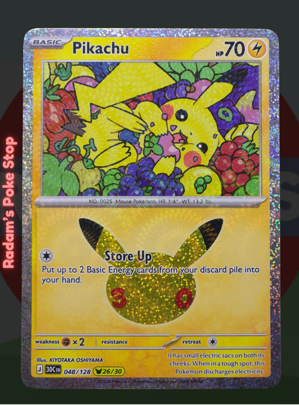 Pikachu 26/30 048/128, 30th Celebrations, Pikachu Rare Subset presented by Pokémon TCG. 