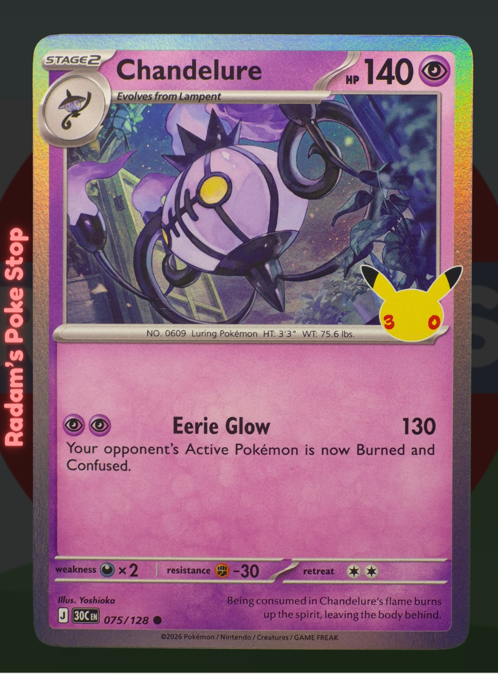 Chandelure 075/128, 30th Celebrations, Holo Common presented by Pokémon TCG. 