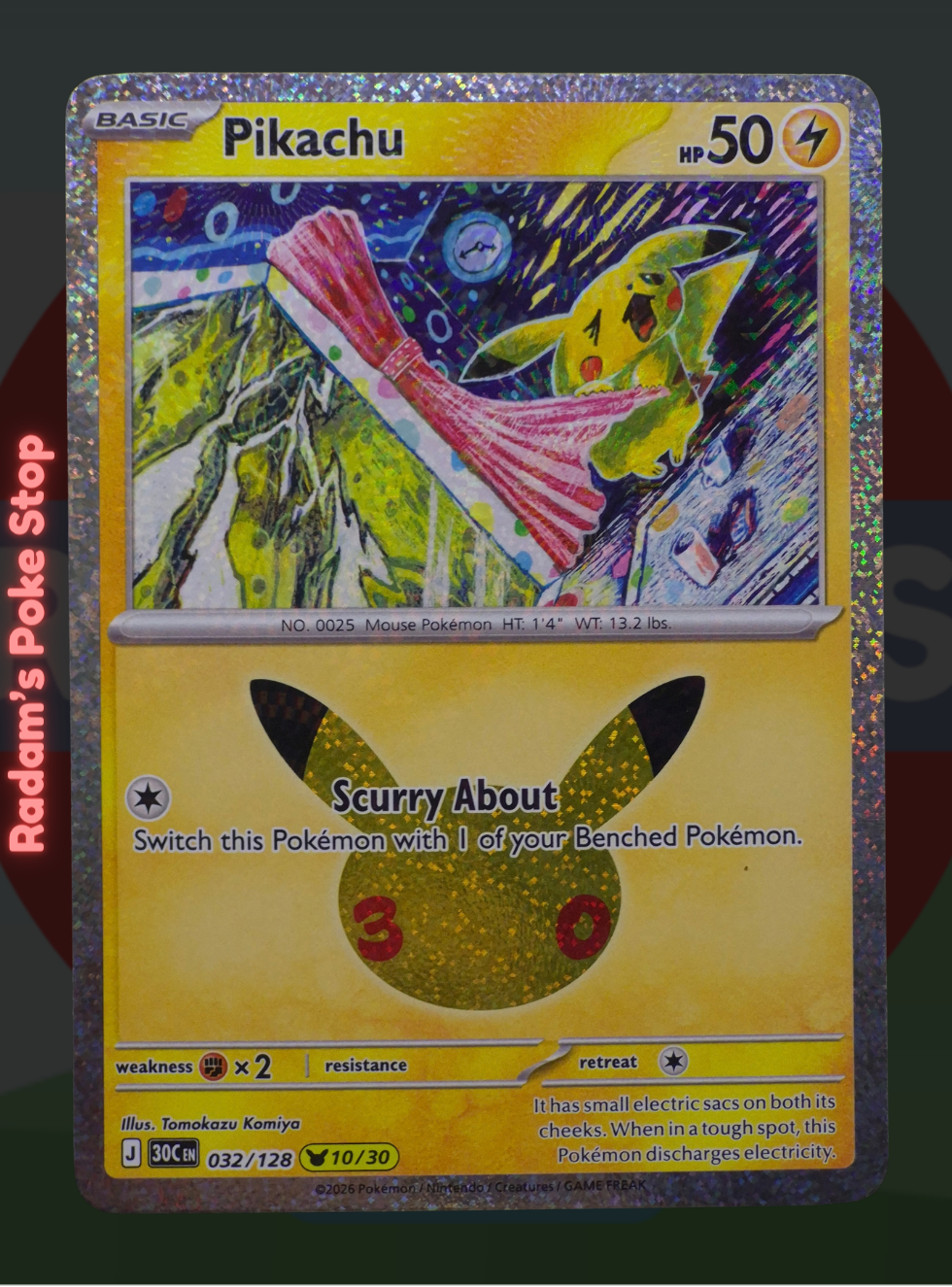 Pikachu 10/30 032/128, 30th Celebrations, Pikachu Rare Subset presented by Pokémon TCG. 