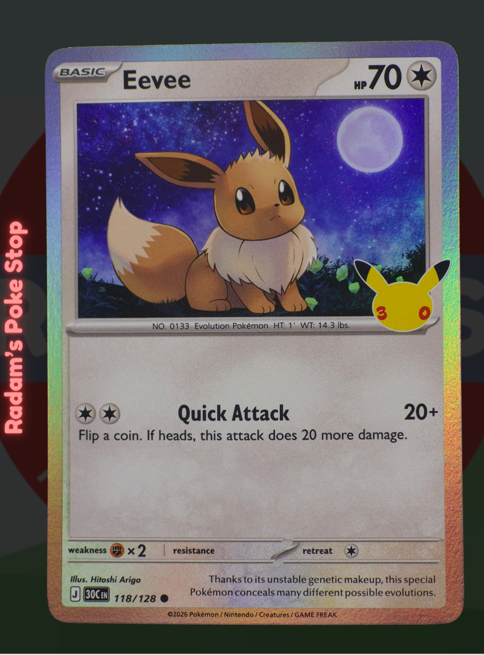 Eevee 118/128, 30th Celebrations, Holo Common presented by Pokémon TCG. 