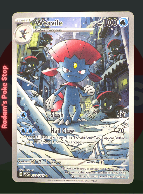 Weavile 228/217, Ascended Heroes, Illustration Rare, presented by Pokémon TCG. 