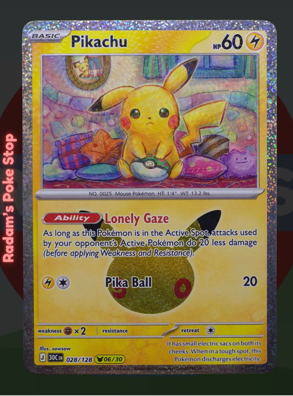 Pikachu 06/30 028/128, 30th Celebrations, Pikachu Rare Subset presented by Pokémon TCG. 