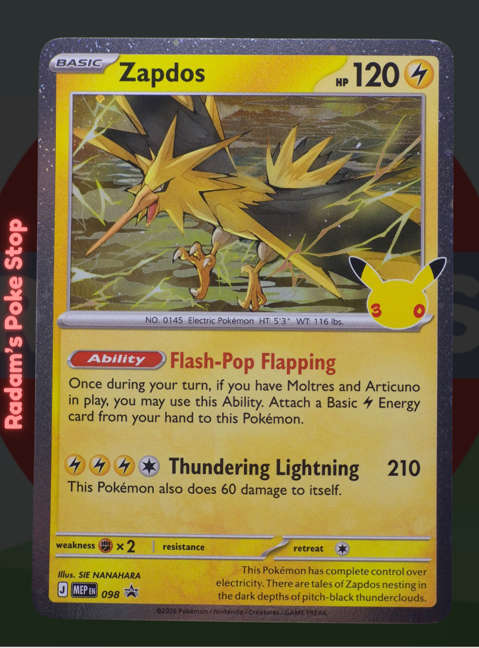 Zapdos MEP 098, 30th Celebrations, Black Star Promo presented by Pokémon TCG. 