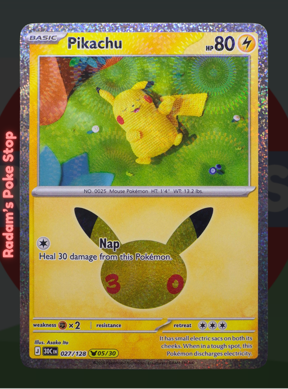 Pikachu 05/30 027/128, 30th Celebrations, Pikachu Rare Subset presented by Pokémon TCG. 