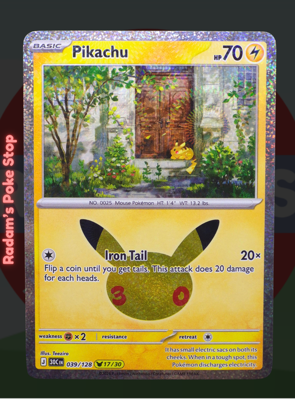 Pikachu 17/30 039/128, 30th Celebrations, Pikachu Rare Subset presented by Pokémon TCG. 