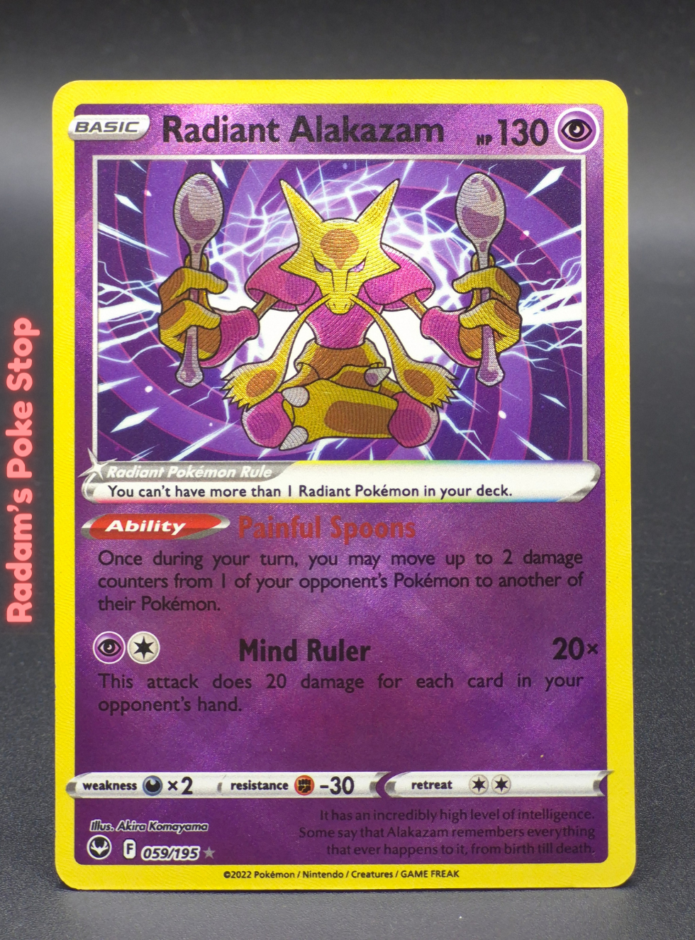 Radiant Alakazam 059/195, Silver Tempest, Radiant Rare presented by Pokémon TCG. 