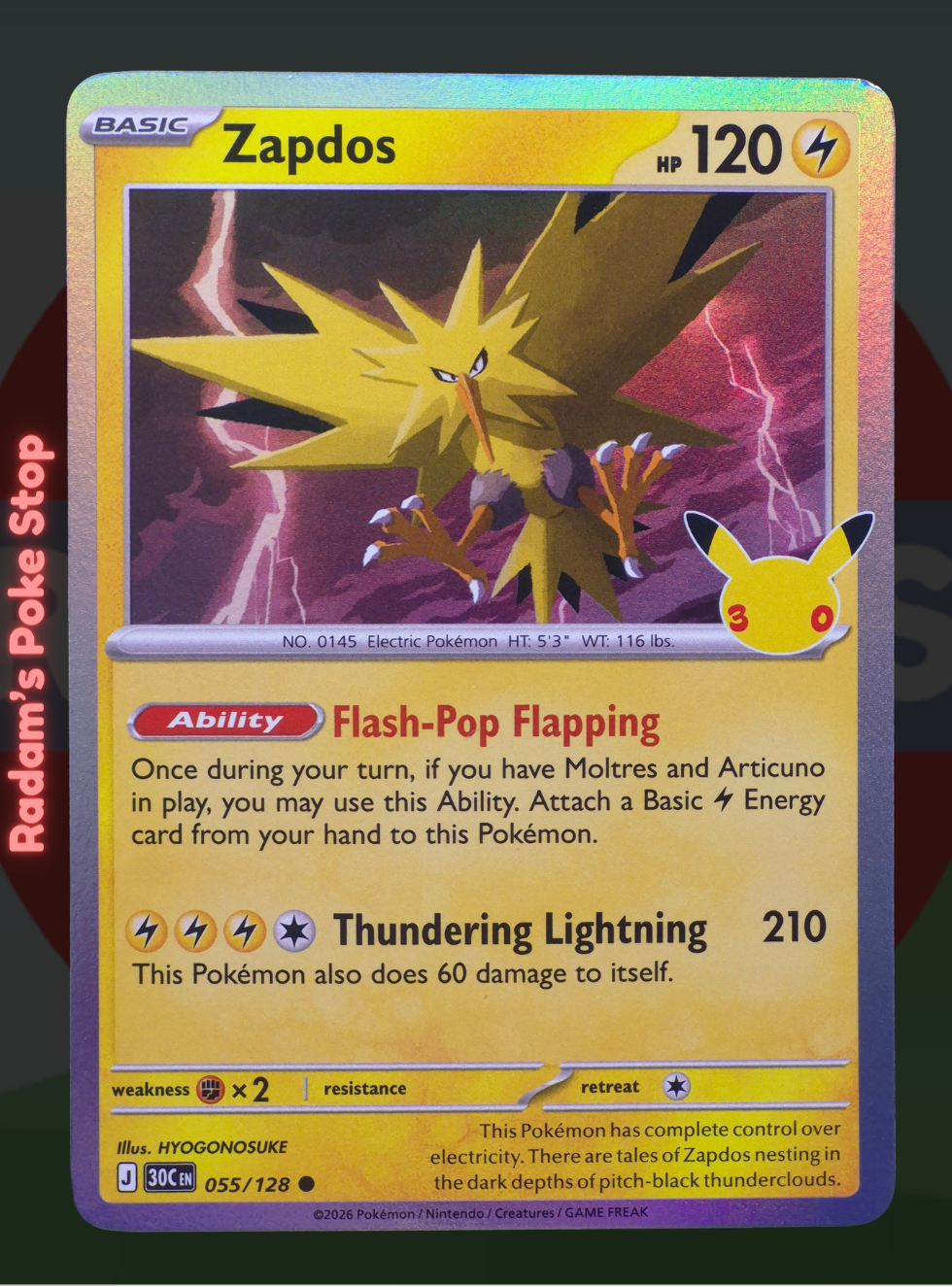 Zapdos 055/128, 30th Celebrations, Holo Common presented by Pokémon TCG. 