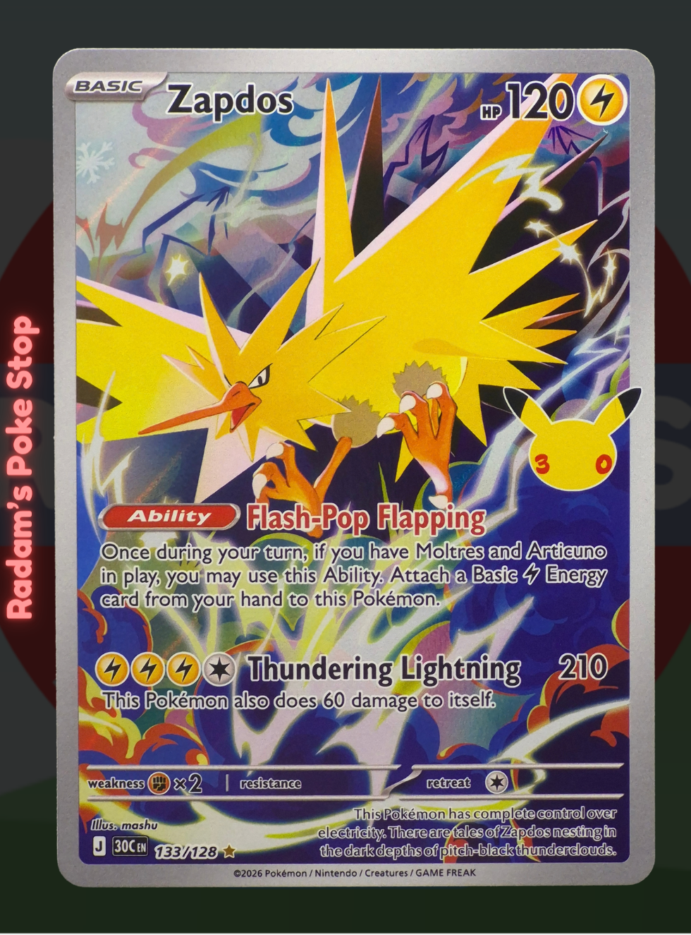 Zapdos 133/128, 30th Celebrations, Illustration rare presented by Pokémon TCG. 