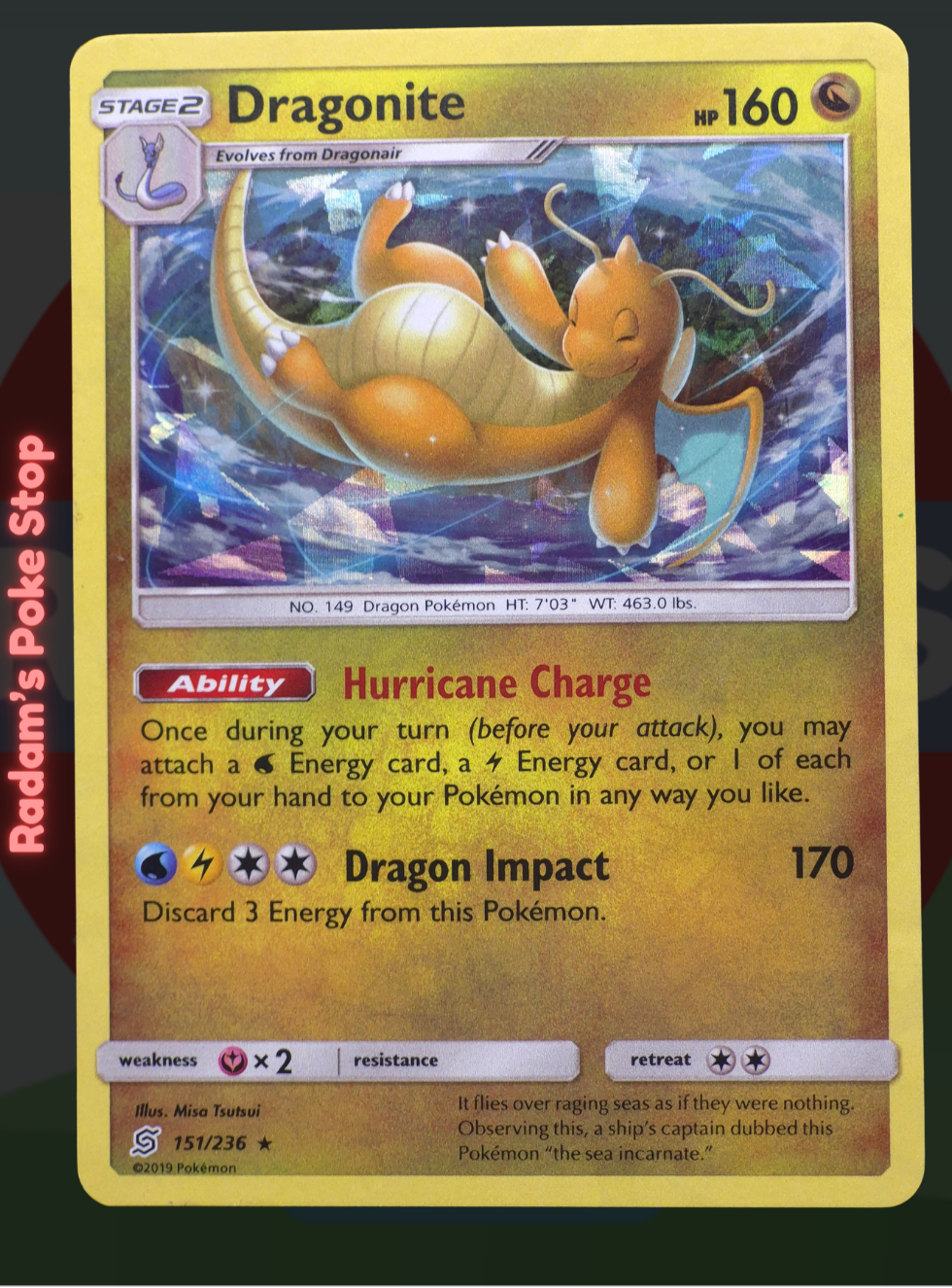 Dragonite 151/236 Sun & Moon: Unified Minds, Cracked Ice Holo Rare, presented by Pokémon TCG. 