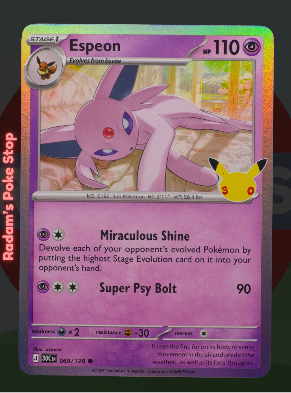 Espeon 069/128, 30th Celebrations, Holo Common presented by Pokémon TCG. 