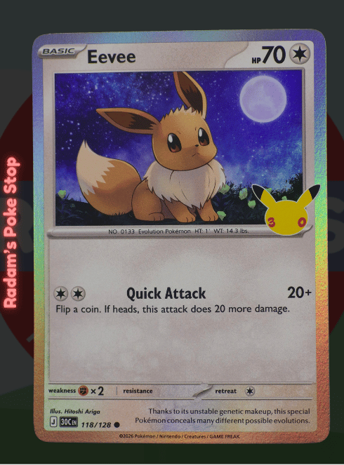 Eevee 118/128, 30th Celebrations, Holo Common presented by Pokémon TCG. 