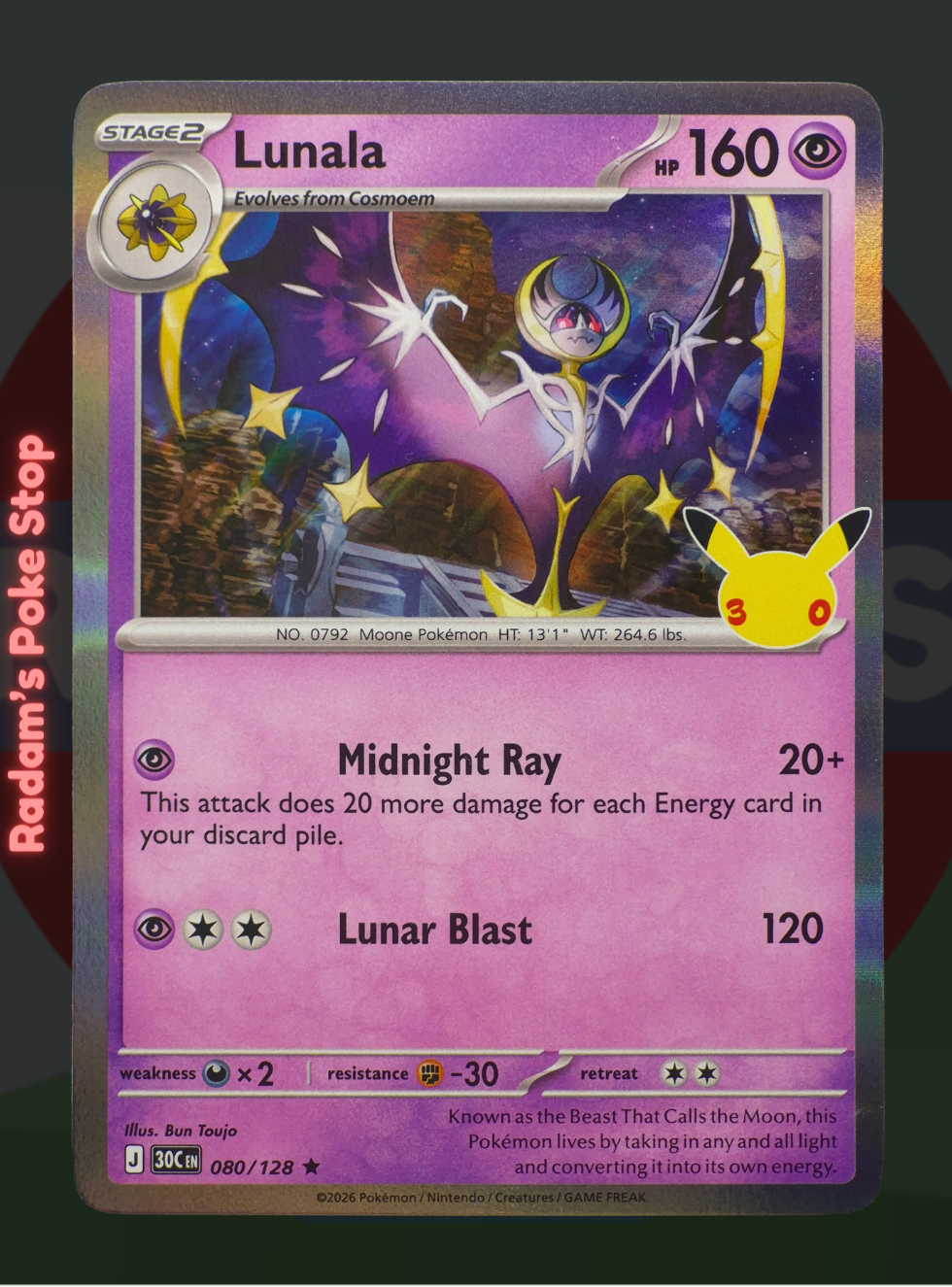Lunala 080/128, 30th Celebrations, Holo Rare presented by Pokémon TCG. 
