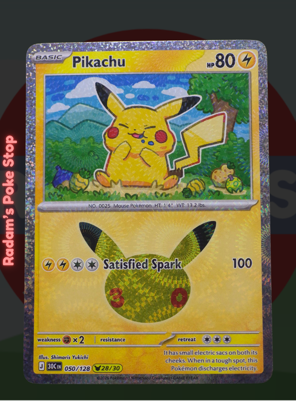 Pikachu 28/30 050/128, 30th Celebrations, Pikachu Subset presented by Pokémon TCG. 