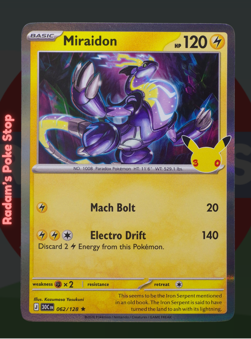 Miraidon 062/128, 30th Celebrations, Holo Rare presented by Pokémon TCG. 