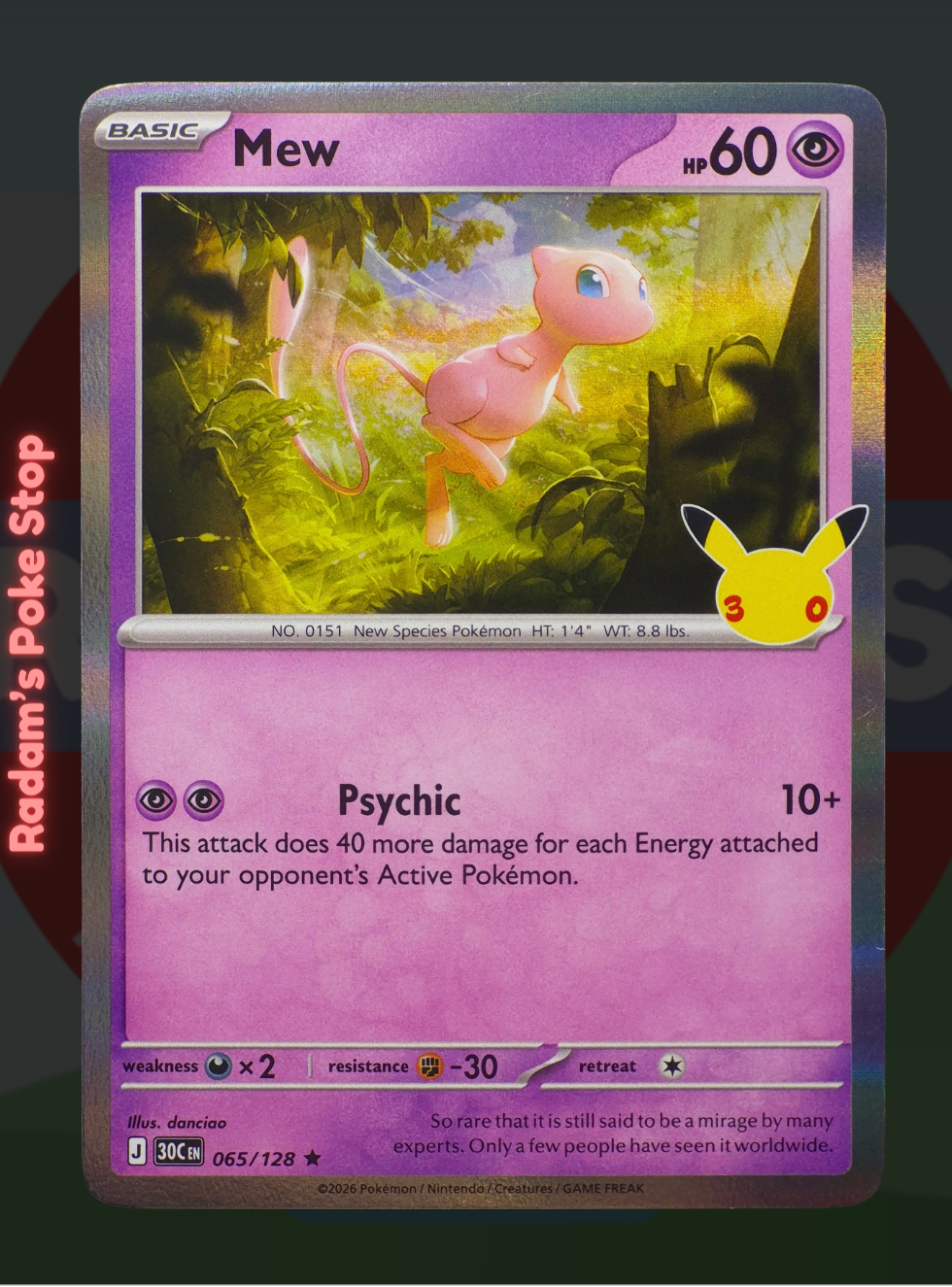 Mew 065/128, 30th Celebrations, Holo Rare presented by Pokémon TCG. 