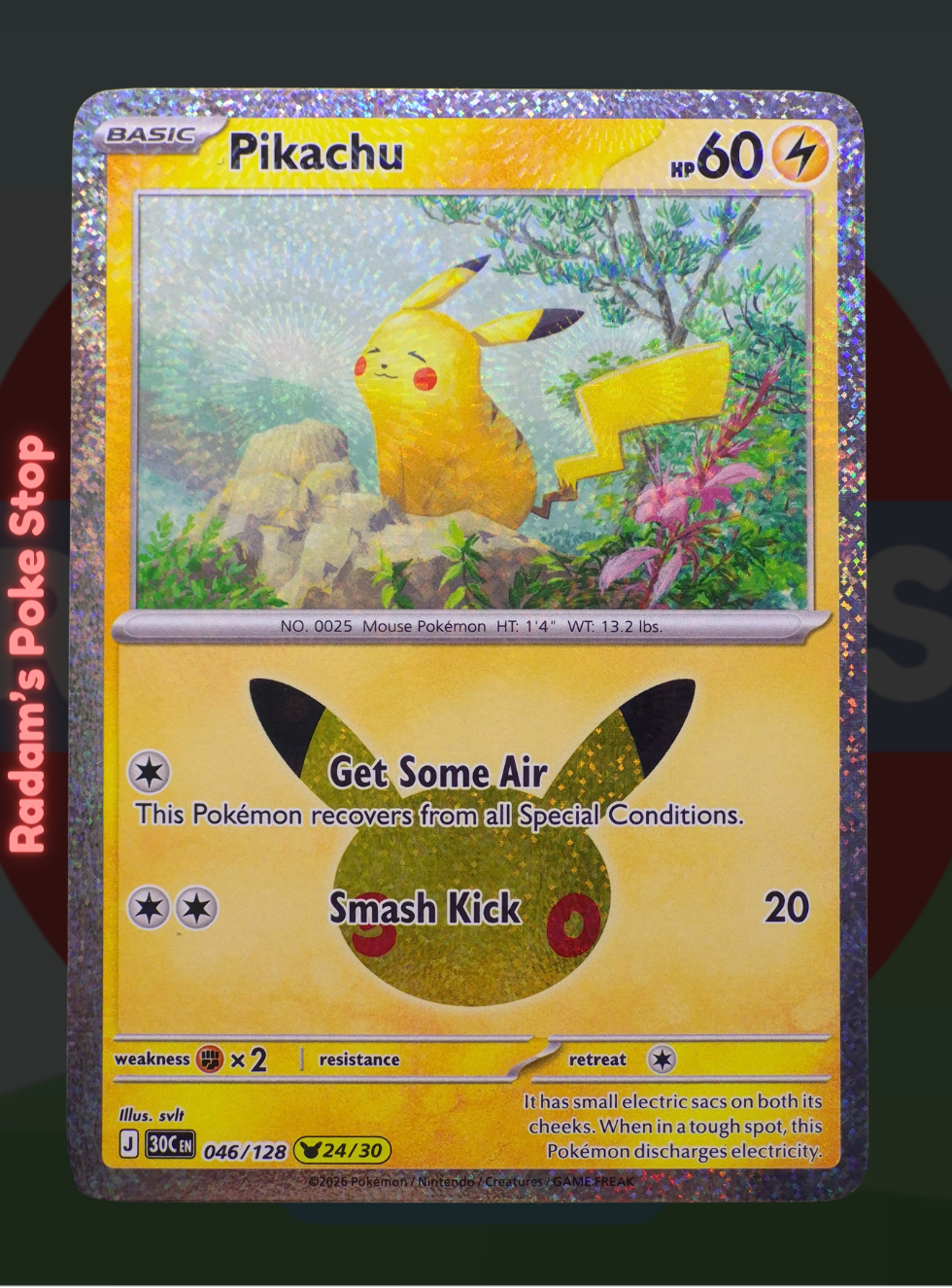 Pikachu 24/30 046/128, 30th Celebrations, Pikachu Rare Subset presented by Pokémon TCG. 