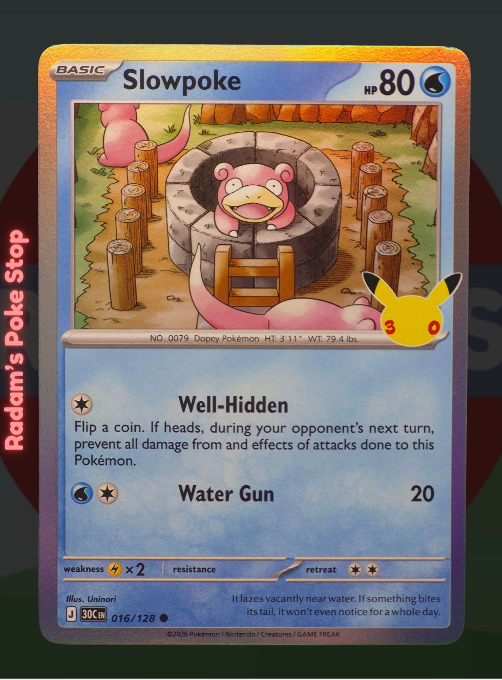Slowpoke 016/128, 30th Celebrations, Holo Common presented by Pokémon TCG. 