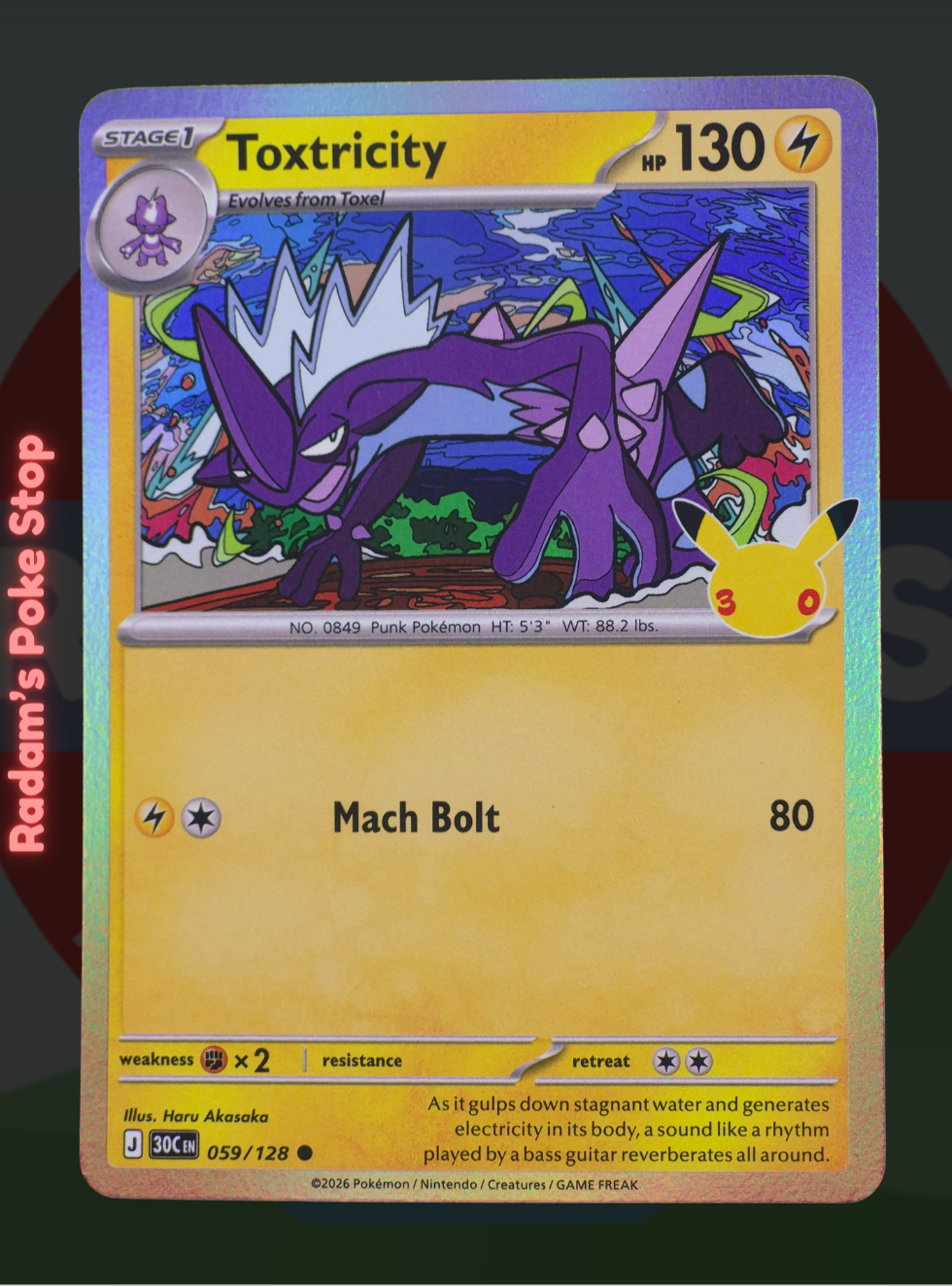Toxtricity 059/128, 30th Celebrations, Holo Common presented by Pokémon TCG. 