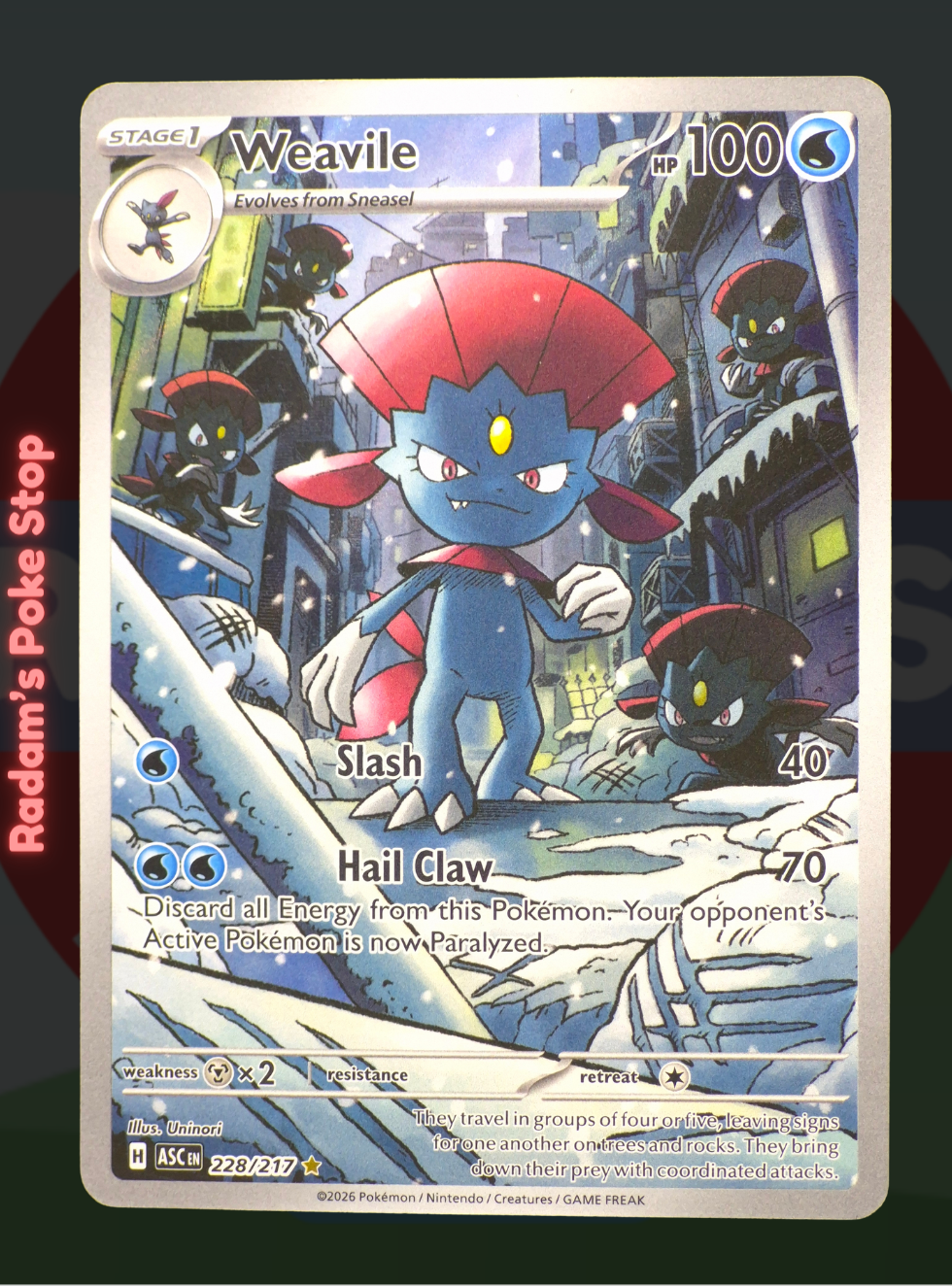 Weavile 228/217, Ascended Heroes, Illustration Rare, presented by Pokémon TCG. 