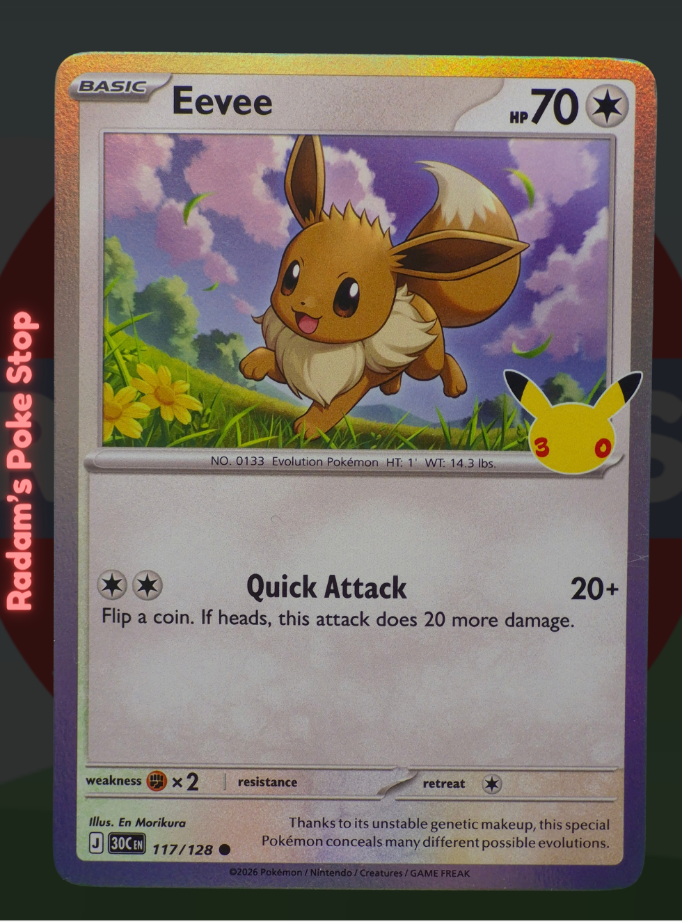 Eevee 117/128, 30th Celebrations, Holo Common presented by Pokémon TCG. 