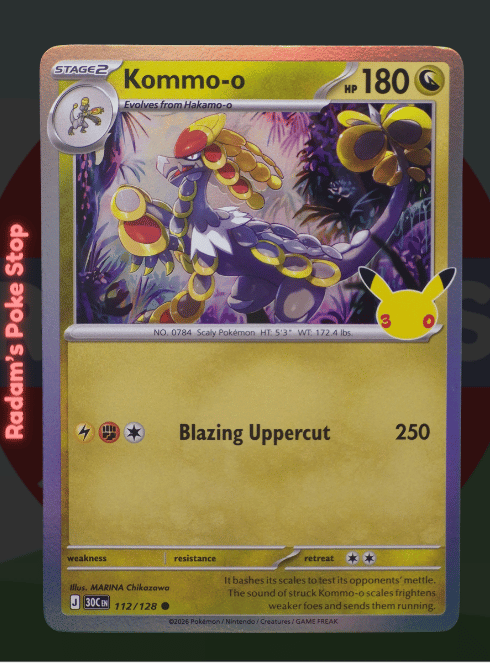 Kommo-o 112/128, 30th Celebrations, Holo Common presented by Pokémon TCG. 