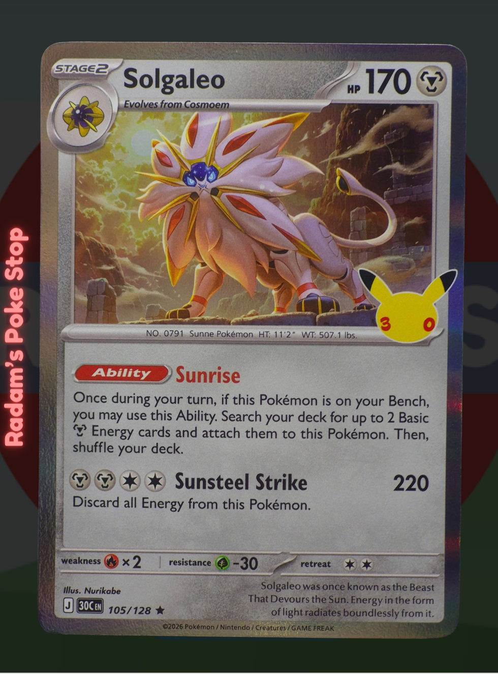 Solgaleo 105/128, 30th Celebrations, Holo Rare presented by Pokémon TCG. 