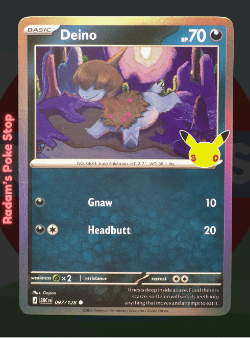 Deino 097/128, 30th Celebrations, Holo Common presented by Pokémon TCG. 