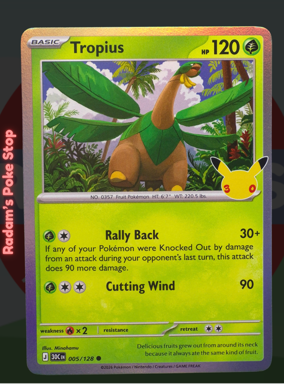 Tropius 005/128, 30th Celebrations, Holo Common presented by Pokémon TCG. 