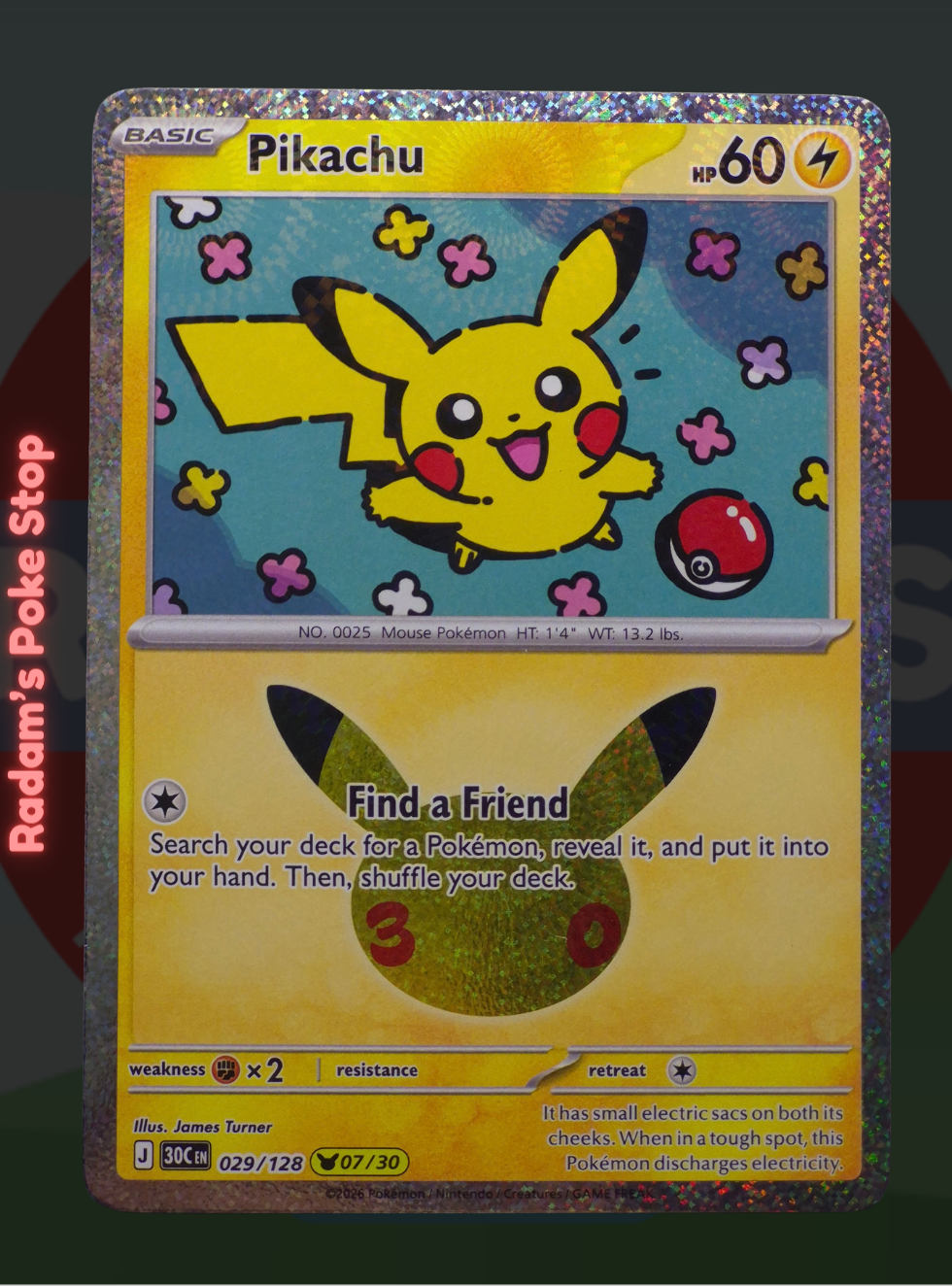 Pikachu 07/30 029/128, 30th Celebrations, Pikachu Rare Subset presented by Pokémon TCG. 