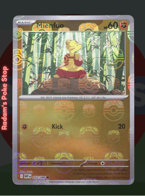 Mienfoo 052/086, White Flare, Master Ball Holo presented by Pokémon TCG. 