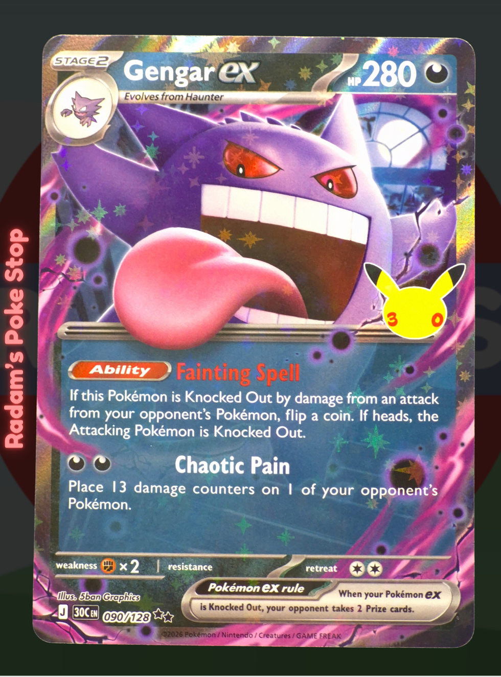 Gengar ex 090/128, 30th Celebrations, Double rare presented by Pokémon TCG. 
