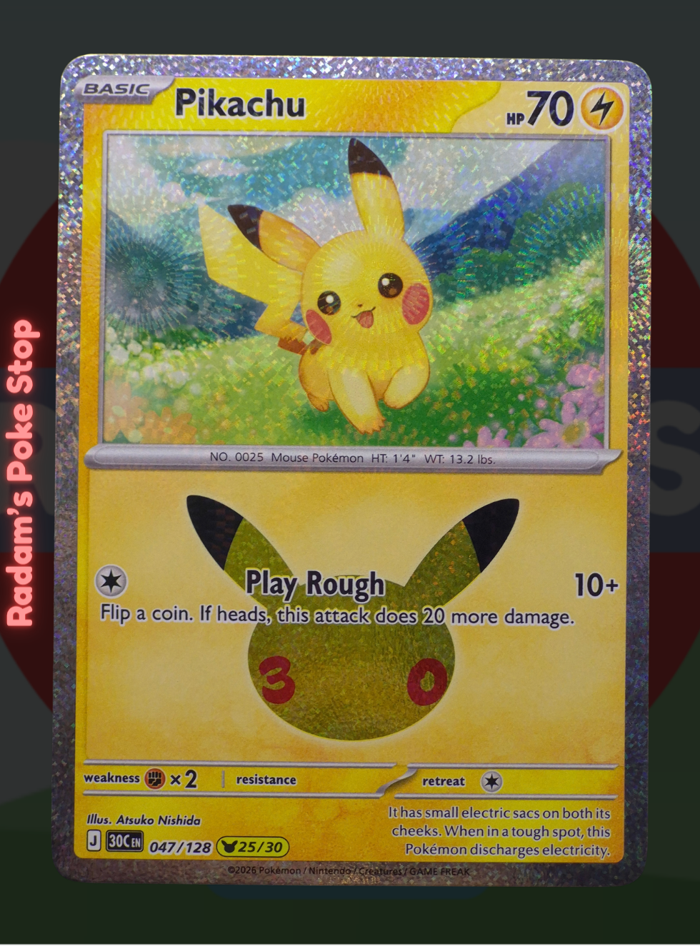 Pikachu 25/30 047/128, 30th Celebrations, Pikachu Rare Subset presented by Pokémon TCG. 