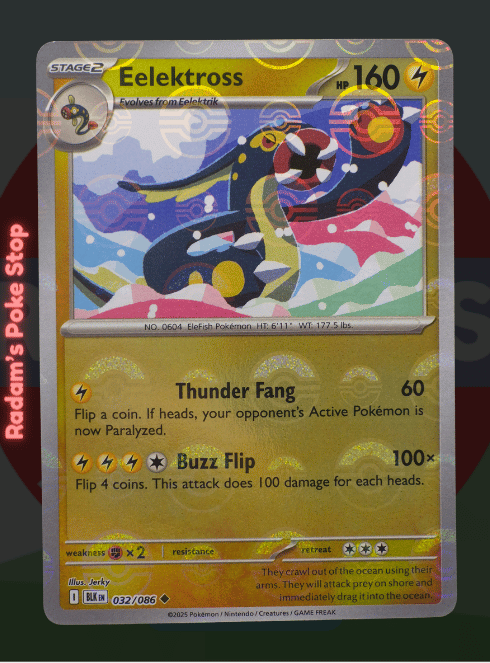 Eelektross 032/086, Black Bolt, Poke Ball Holo presented by Pokémon TCG. 