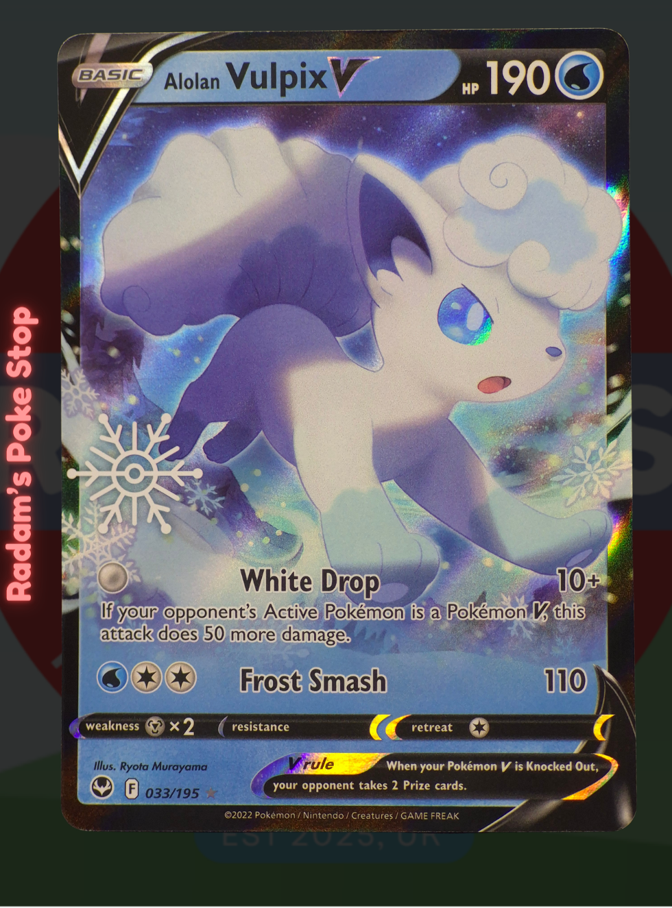 Alolan Vulpix V 033/195, Silver Tempest, Holiday Calendar Promo Ultra Rare presented by Pokémon TCG. 