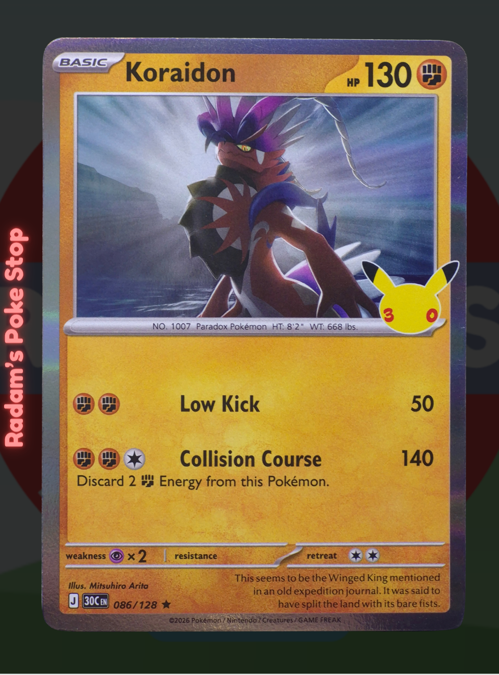 Koraidon 086/128, 30th Celebrations, Holo Rare presented by Pokémon TCG. 