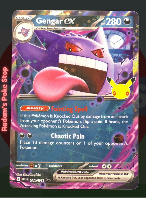 Gengar ex 090/128, 30th Celebrations, Double rare presented by Pokémon TCG. 