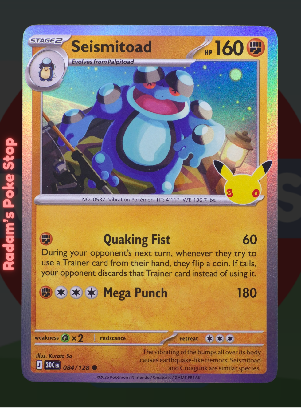Seismitoad 084/128, 30th Celebrations, Holo Common presented by Pokémon TCG. 
