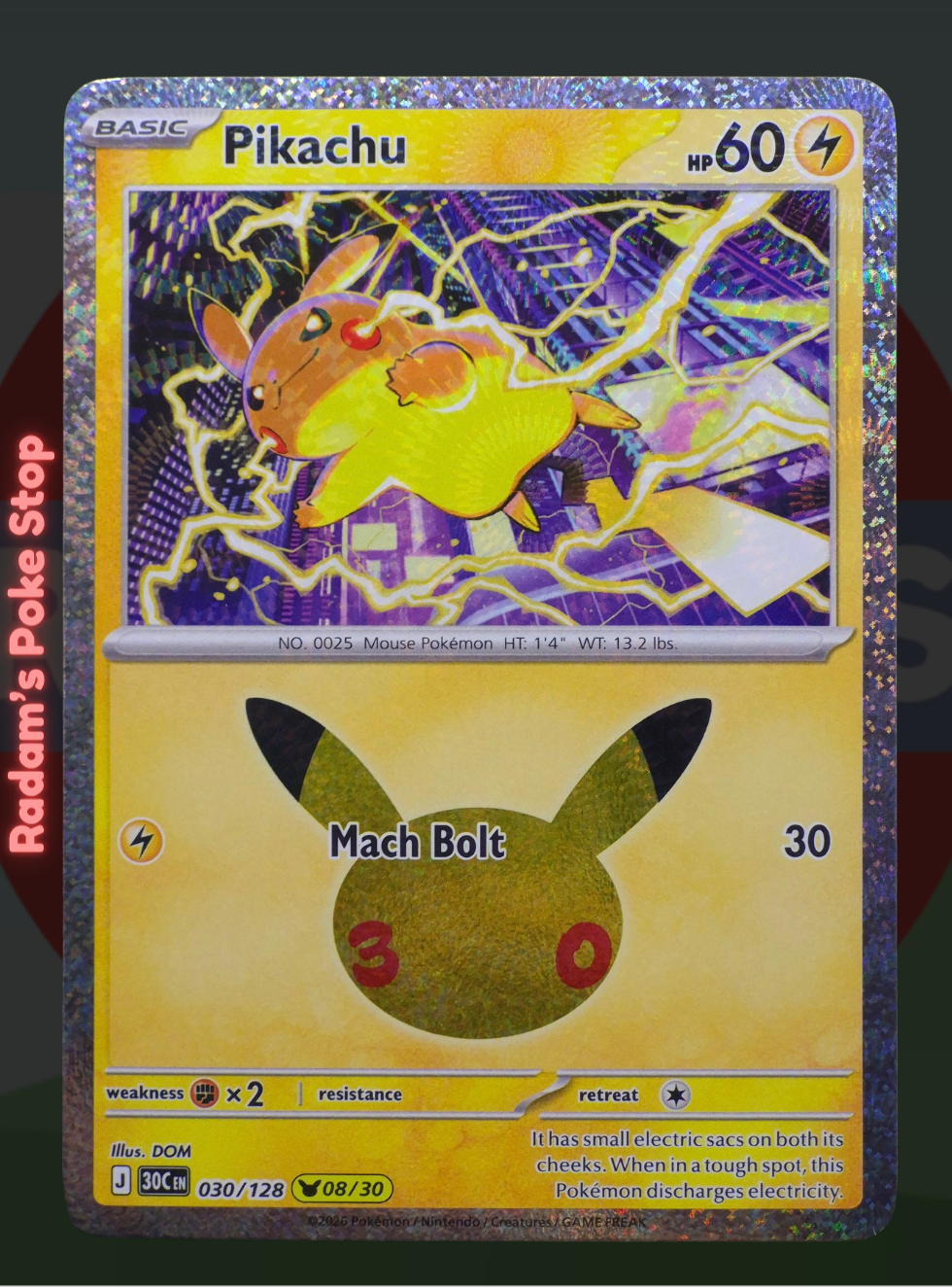Pikachu 07/30 029/128, 30th Celebrations, Pikachu Rare Subset presented by Pokémon TCG. 