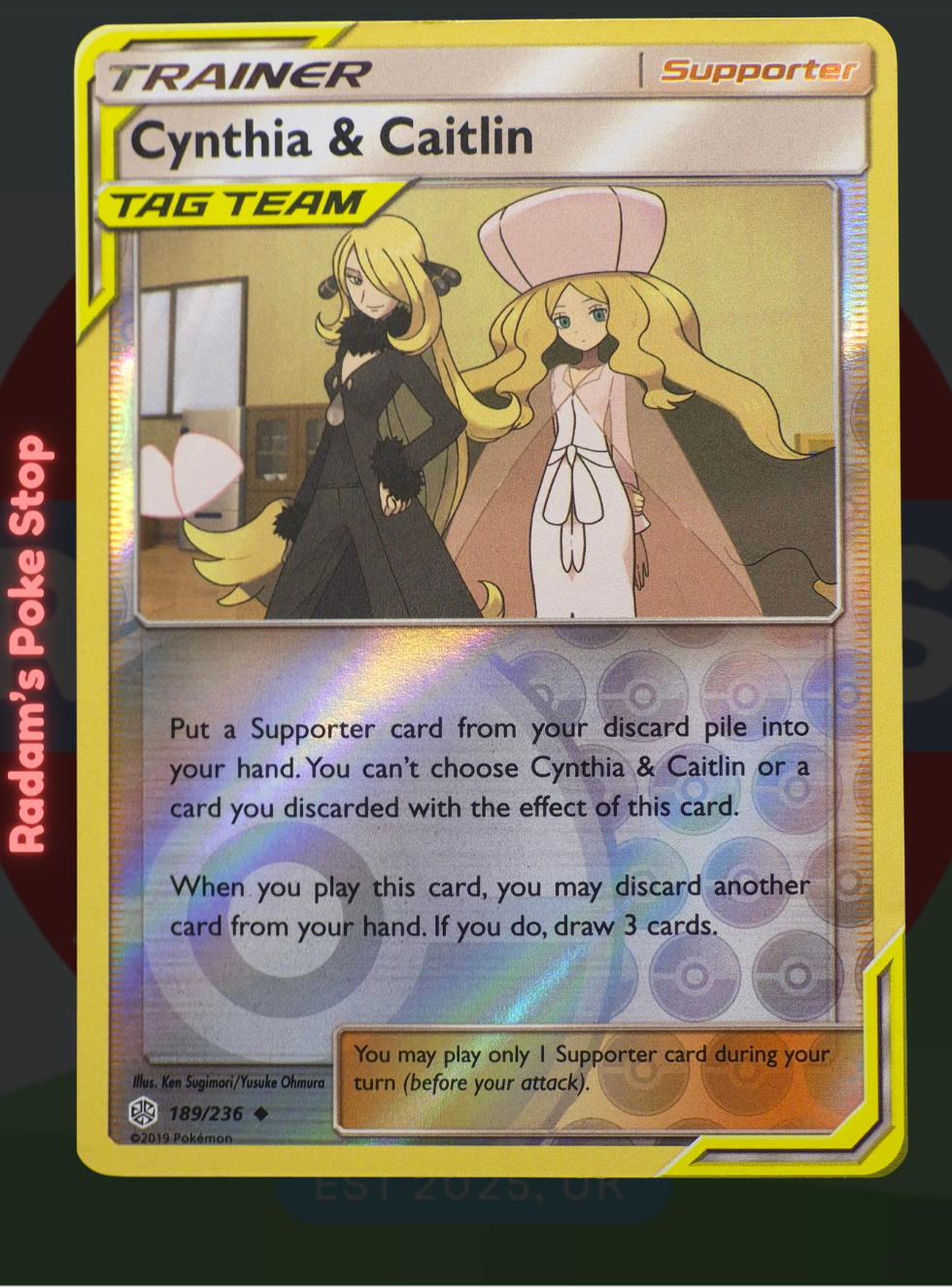 Cynthia & Caitlin 189/236 reverse holo, Cosmic Eclipse,  Uncommon trainer, presented by Pokémon TCG. 