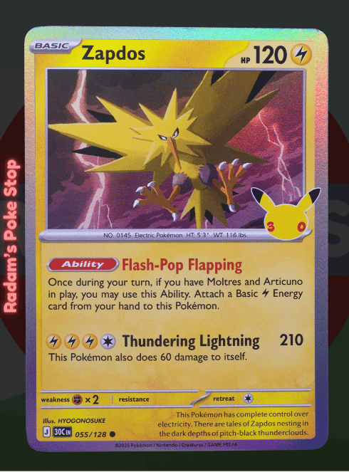 Zapdos 055/128, 30th Celebrations, Holo Common presented by Pokémon TCG. 