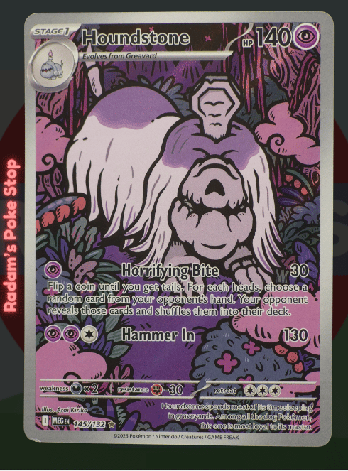 Houndstone 145/132, Mega Evolutions, Illustration Rare, presented by Pokémon TCG. 