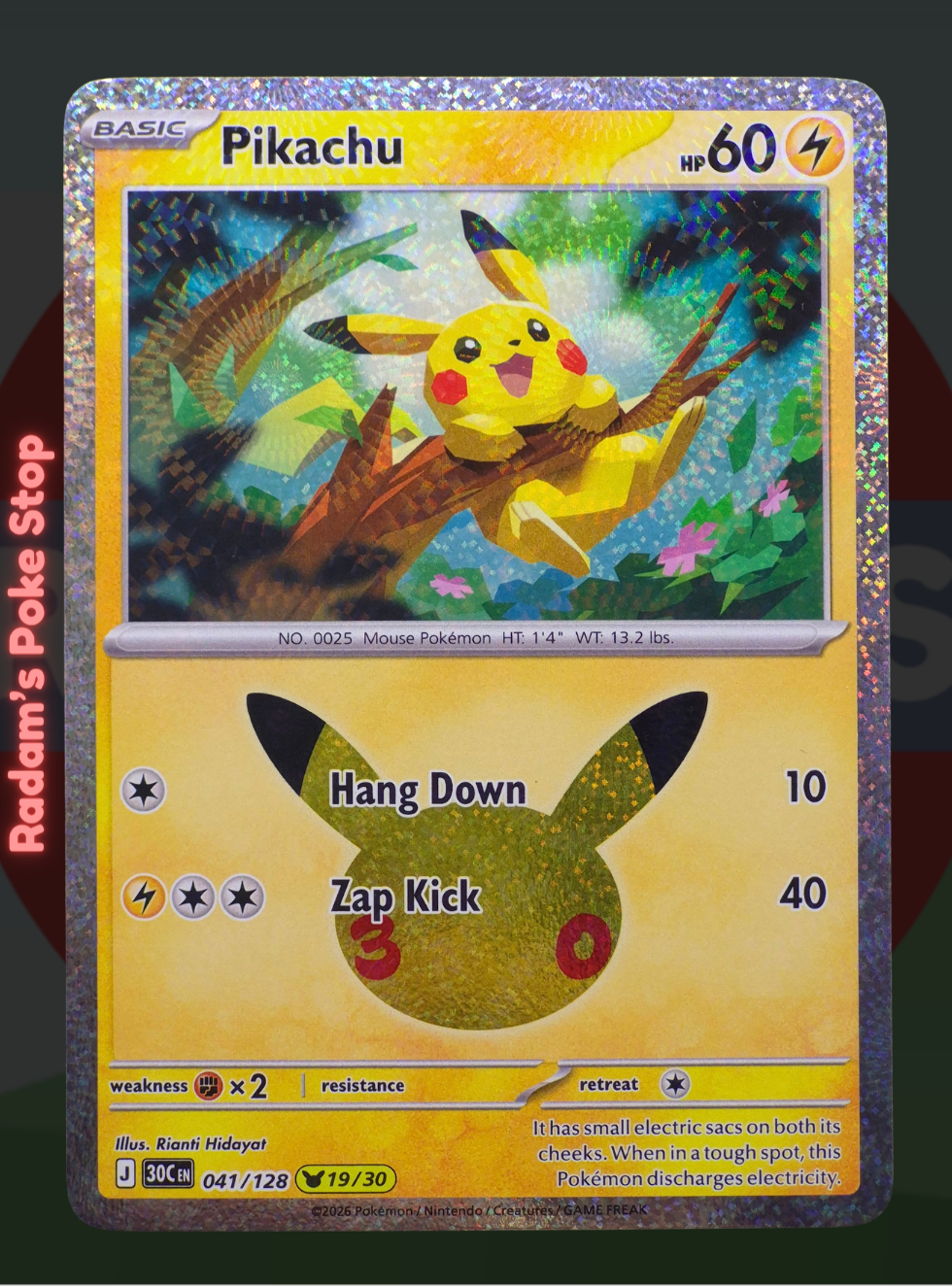 Pikachu 19/30 041/128, 30th Celebrations, Pikachu Rare Subset presented by Pokémon TCG. 
